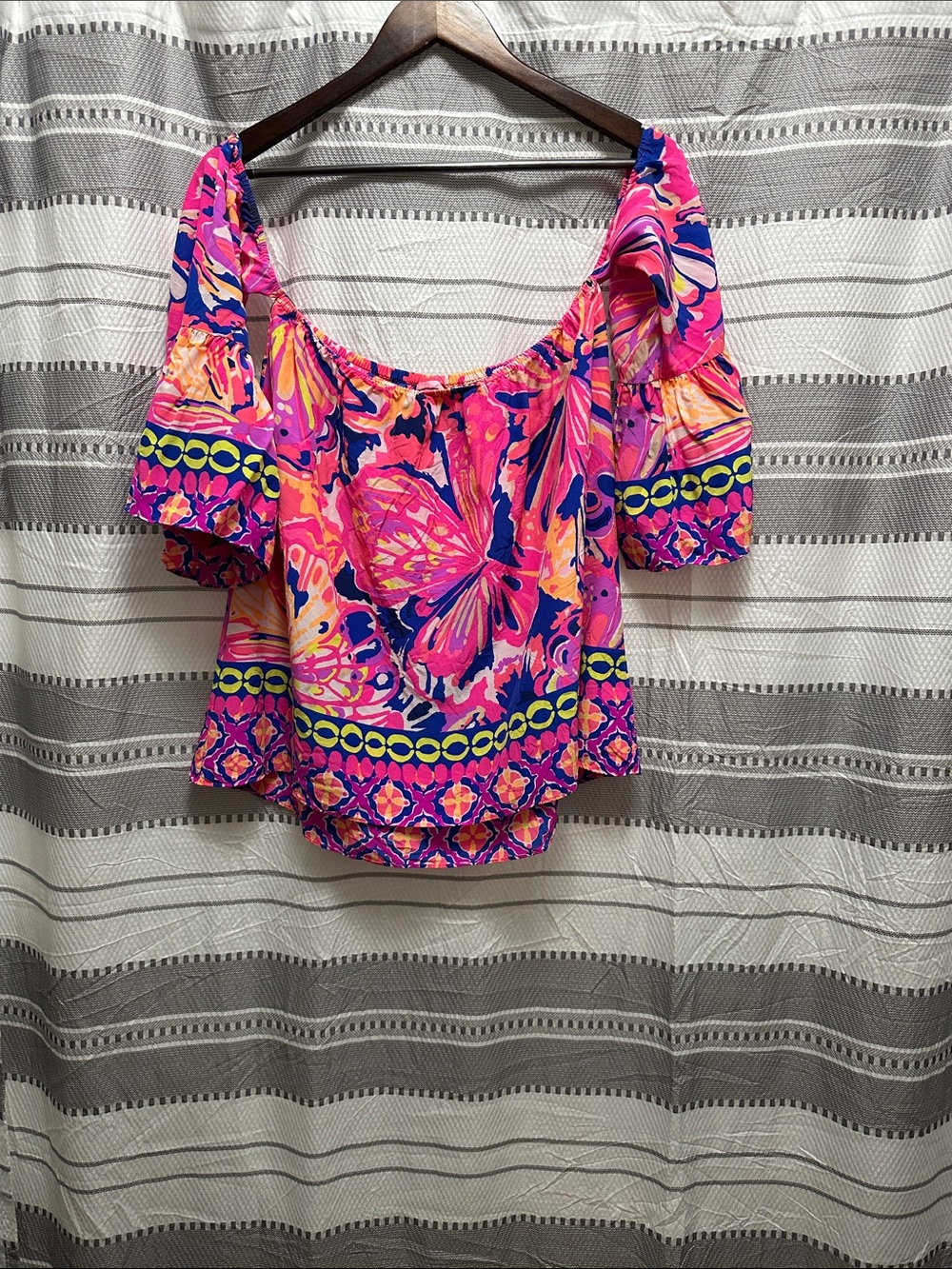 Lilly Pulitzer Pink and Navy Off-Shoulder Butterfly Print Top